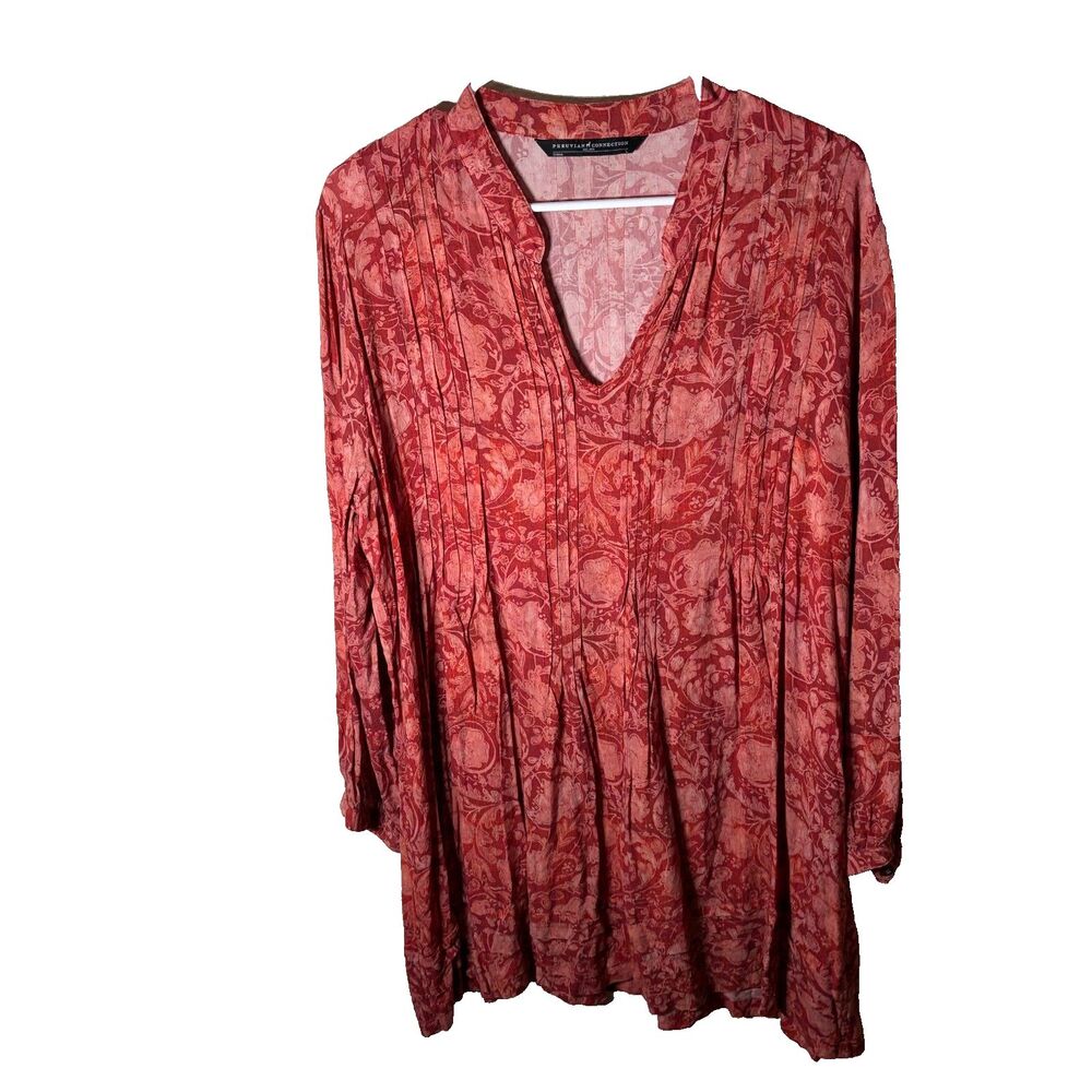 Peruvian Connection Dress Women's Large V-Neck Long Sleeve Pleated Floral Casual